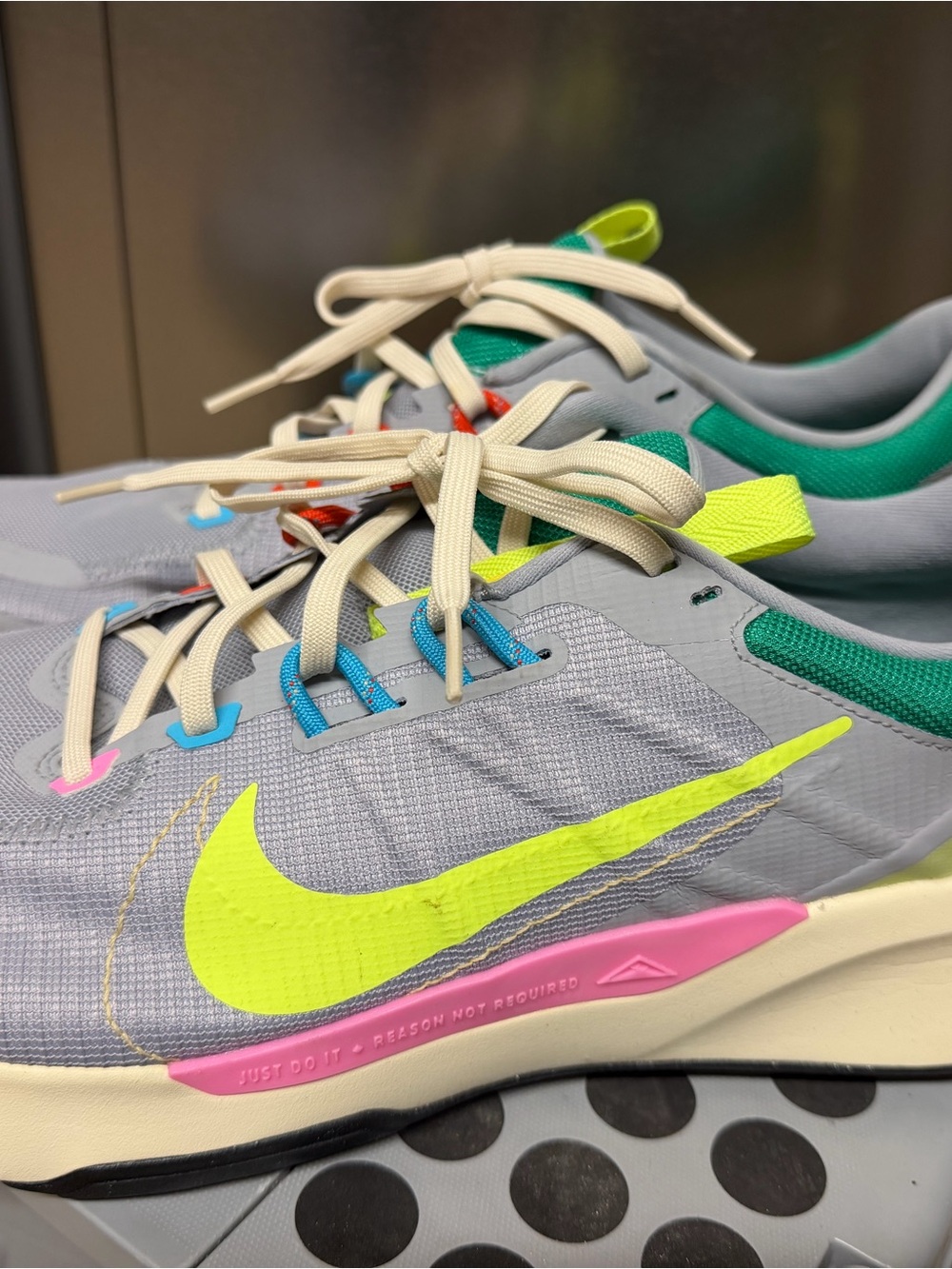 Nike Gray Athletic Sneakers with Neon Yellow Swoosh and Pink Trim